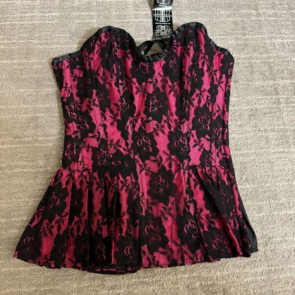 Hot Pink Black Lace Steel Boned Lace Up Back Corset Size 22 NWT